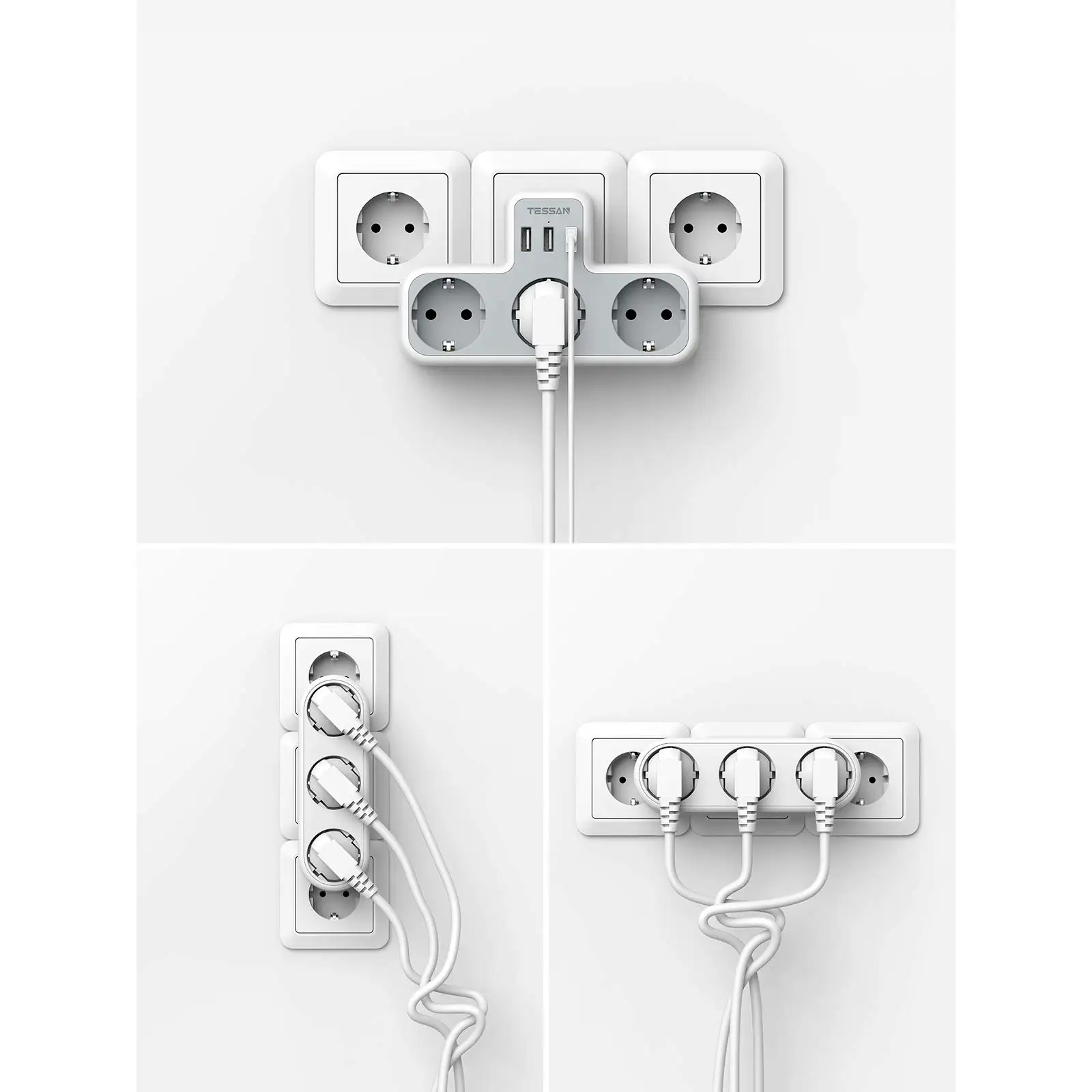 TESSAN Compact Wall USB C Plug Socket 5 in 1 Thief Socket with 3 Schuko 3 USB Ports Multiple Plug Adapter for Home Office Travel
