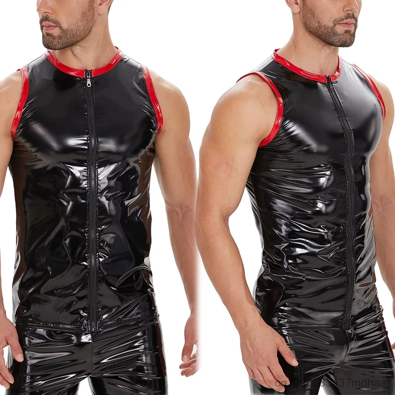 

Men's Sexy Tops Club Cosplay Costume Vintage Faux Leather Zip Vests Shiny Sleeveless Male Party Stage Top S-7XL