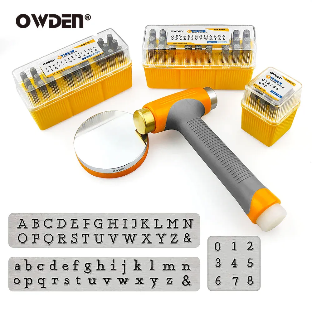 OWDEN 63pcs Jewelry Stamping Set 3mm Number And Letter Punch Tools puncher set + 3 in 1 hammer + Metal Steel Bench Block