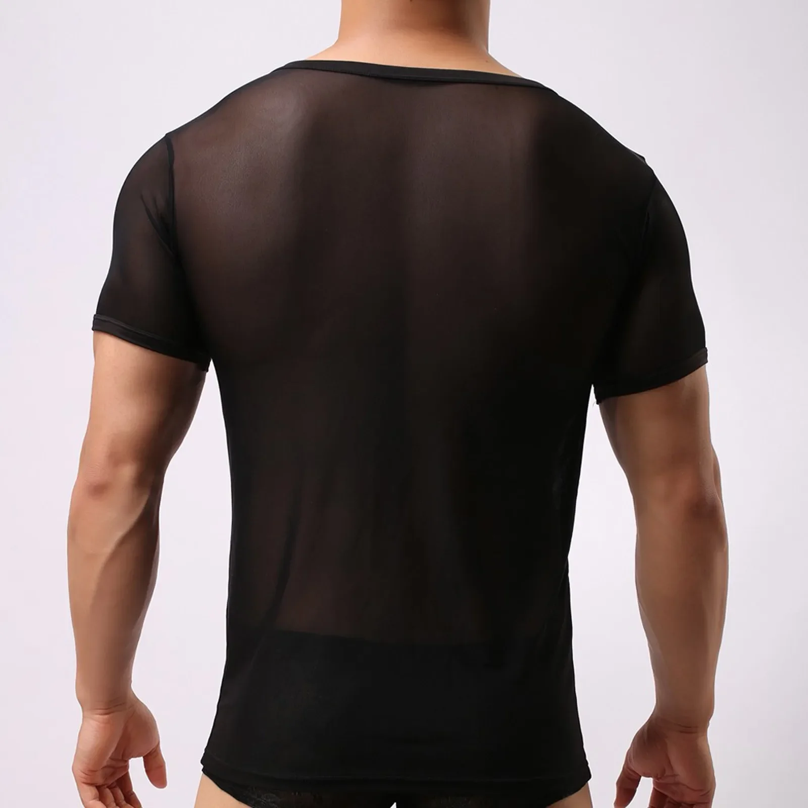 Camiseta transparente de manga larga para hombre, ropa interior Sexy de malla transparente, ajustada, negra/blanca