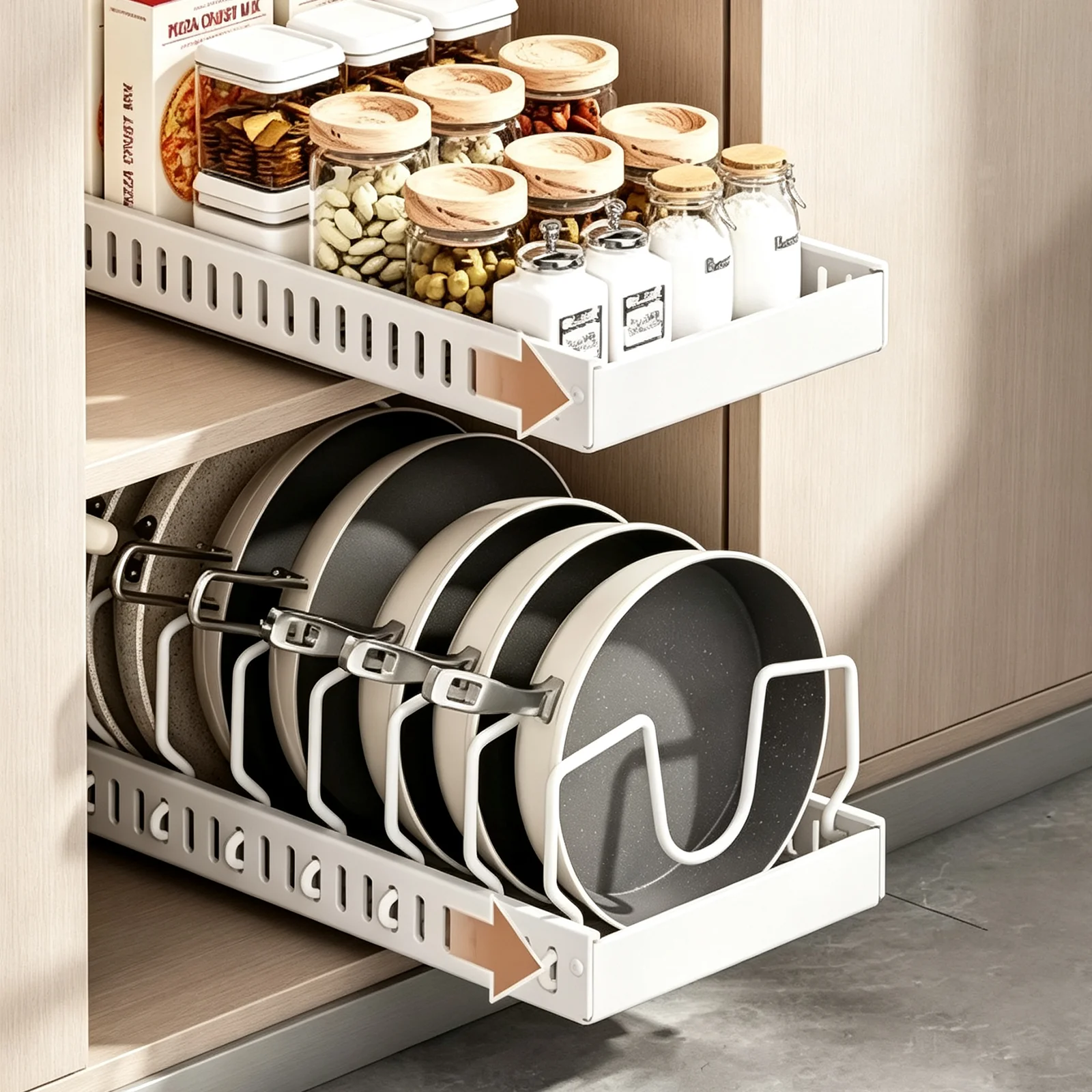 Organizzatore multifunzionale a cassetto estraibile per la cucina, ideale per riporre coperchi di pentole, spezie, ciotole, piatti e utensili da cucina.