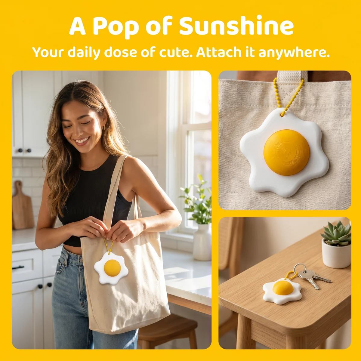 1 Pack 7cm 3D Printed Eco-Friendly PLA Fried Egg Rotating Decompression Keychain, Fun Bag Decoration with Yellow Bead Chain