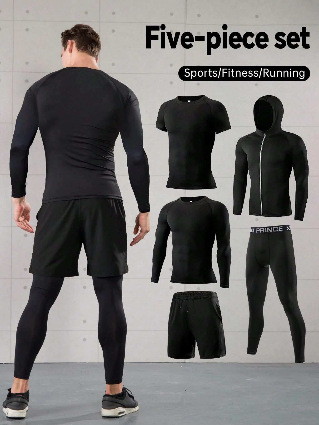 

5pcs/Set Men's Compression Fitness Outfit, Sweat-Wicking Long Sleeve Top & Leggings, Breathable Spring/Summer Gym Suit