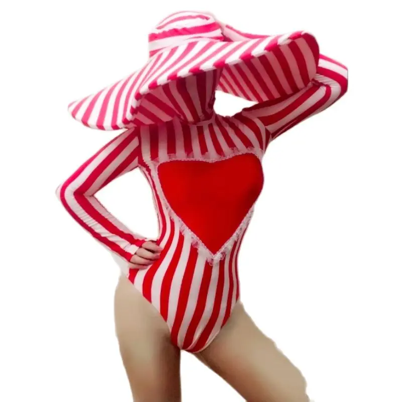 

Festival Bar Party Female Show Stage Outfit Red White Stripe Mask Bodysuit Big Hat Sexy Costume Nightclub Dance Performance Wear