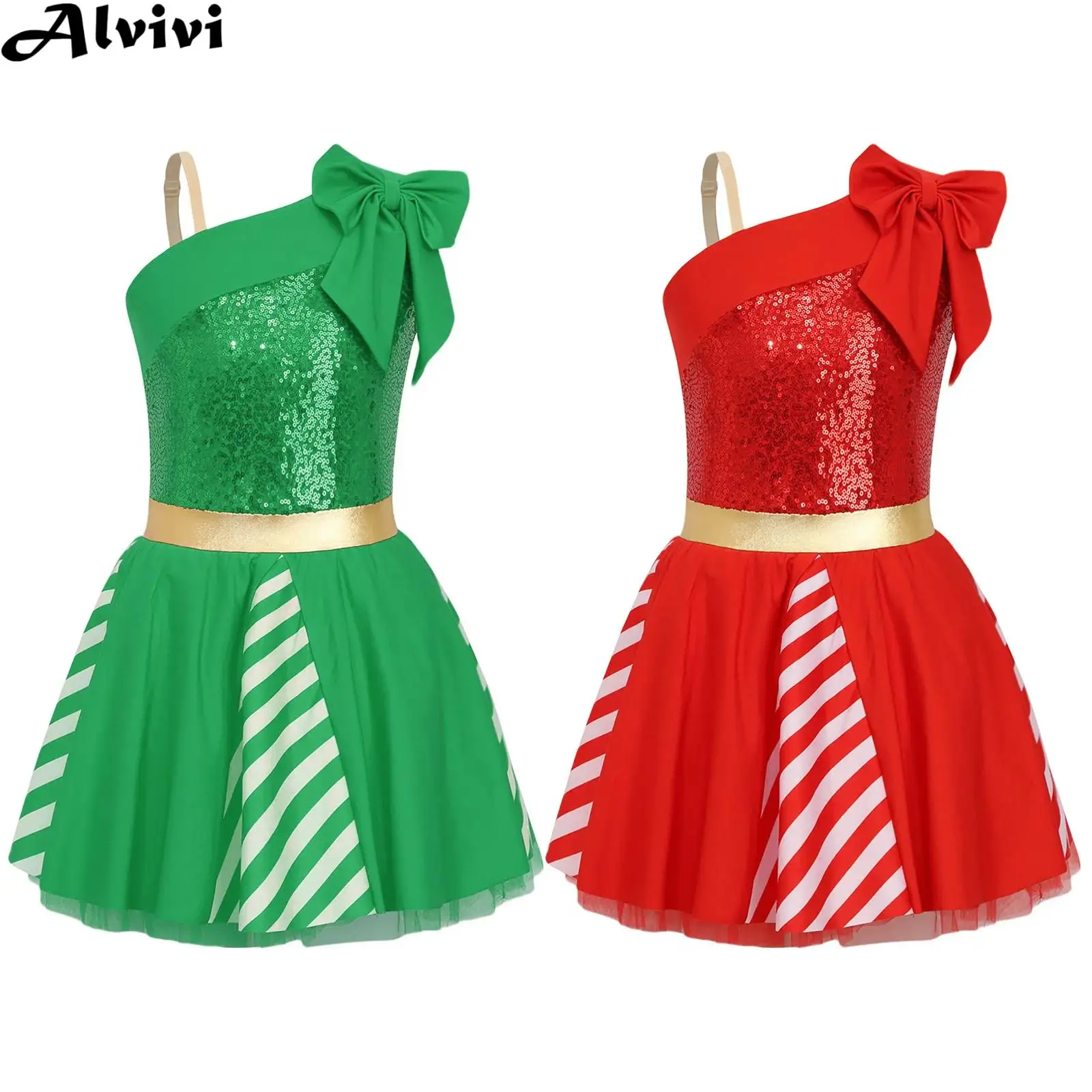 

Children Girls Christmas New Year Party Dress Sleeveless Sequin Striped Candy Cane Leotard Tutu for Ballet Dance Figure Skating