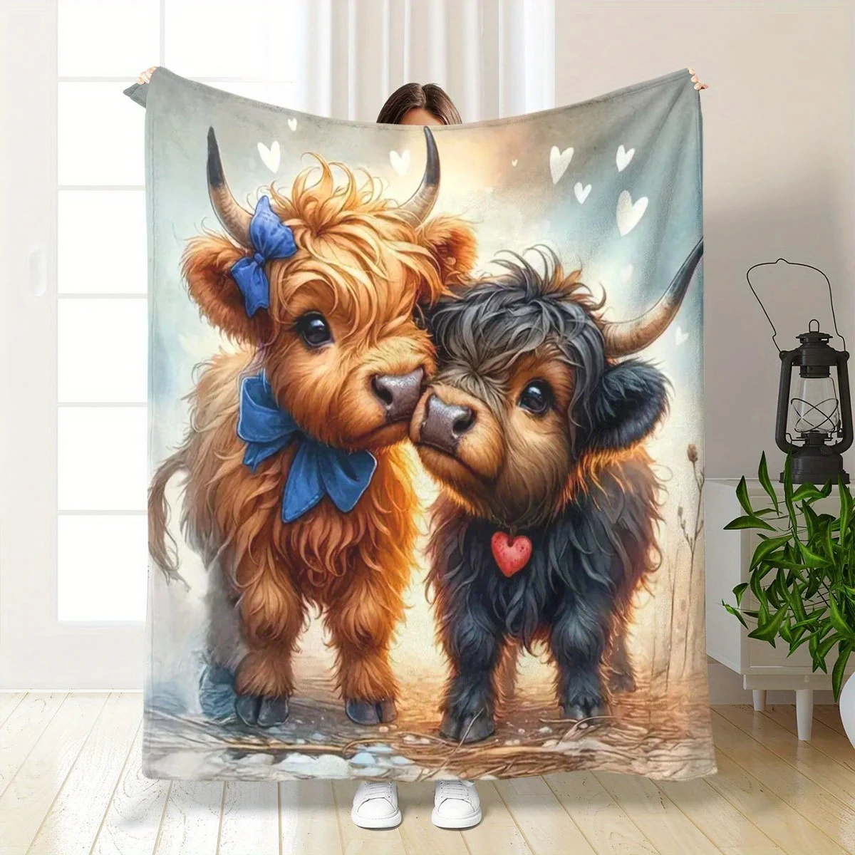 

Gift Idea Adorable Charming Highland Cow Couple Design Soft HD Polyester Printed Blanket, for Home Office Outdoor Warmth