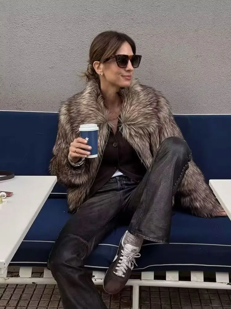 

HH Women's Winter Street Fashion Sepia Fur Effect Jacket Autumn Long Sleeves Lapel Zipper Fly With Pockets Vintage Warm Coat