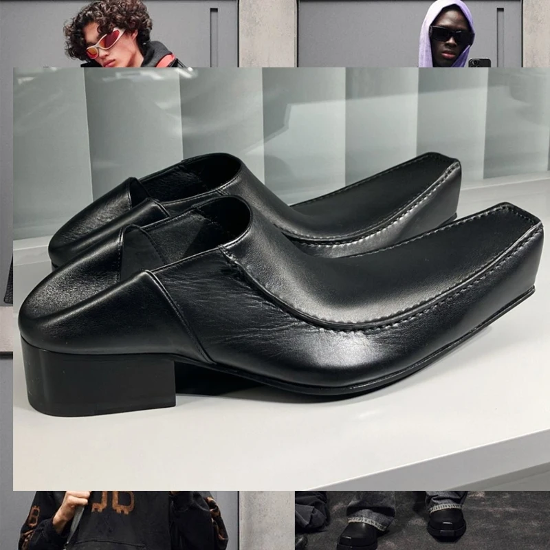 

Black Square Toe Slip-On Chunky Heel Loafers Unisex 2026 Upturned Toe Block Heel Mules Shoes Squae Heel Pumps Fashion Shoes