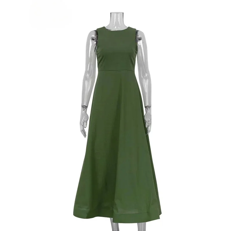 Bonny elegante abito da donna in cotone verde moda o-collo abiti senza maniche casual nuova vita alta a-line abiti a metà polpaccio femminile
