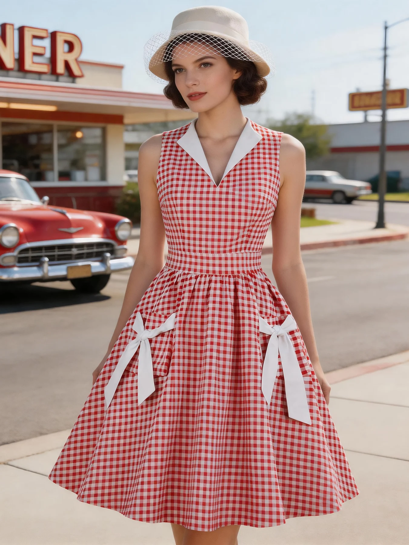 Tonval Turquoise and White Gingham Retro 50s Rockabilly Dress Women V-Neck Cotton Pleated Pockets Vintage Pinup Dresses