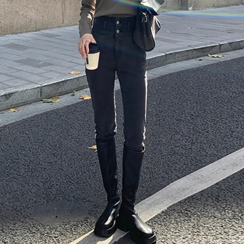 

High Waist Stretchy Retro Denim Jeans Women's Double Bule Slim Fit Pants Design Sensation Nine Point Trendy Cotton Blend