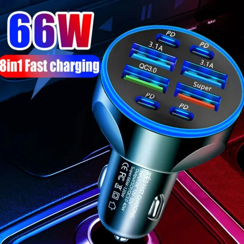 8 in 1 Digital Display Car Charger 4USB+4PD Support Super Fast Charging DC12-24V Multi Port Digital Display Mobile Phone Charger