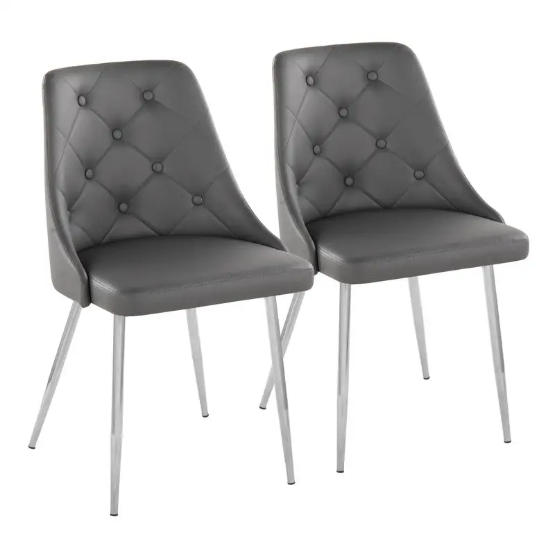 Contemporary Accent Dining Chair Set of 2 in Chrome Metal and Grey Faux Leather