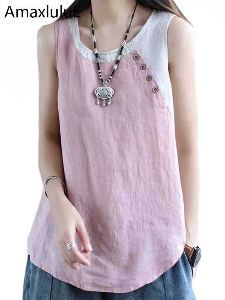

Amax luluE Summer Design Style Clothes Womens Pink Casual Tank Ladies Cotton Linen T-shirts Girl Buttons Vintage Tops Big Size