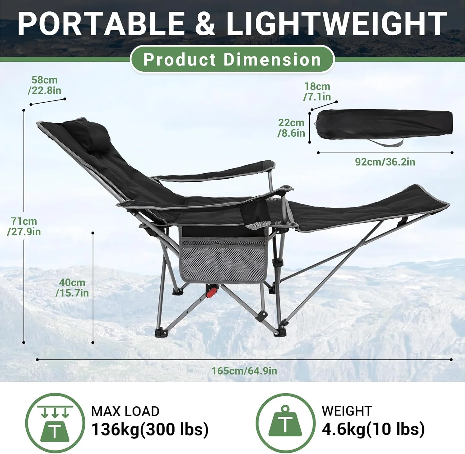 2-in-1 Camping Chair Reclining,Lightweight Folding Camping Chair with Adjustable Backrest & Footrest,Camping Lounge Chair,2 Pack