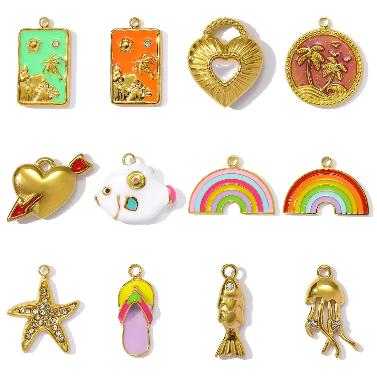 3pcs/Lot Stainless Steel Enamel Palm Sun Diy Charms Woman Rainbow Flip Flops Necklace Pendants Fish Heart Jewelry Wholesale