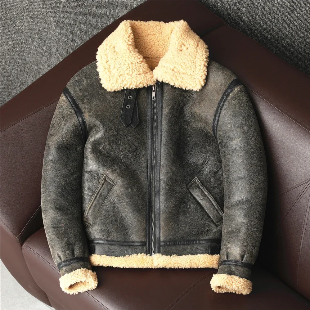 New Male Coats Vintage Brown Biker Man Clothing Men's Sheepskin Genuine Leather Jacket Winter Warm Shearling Wool Fur Coat