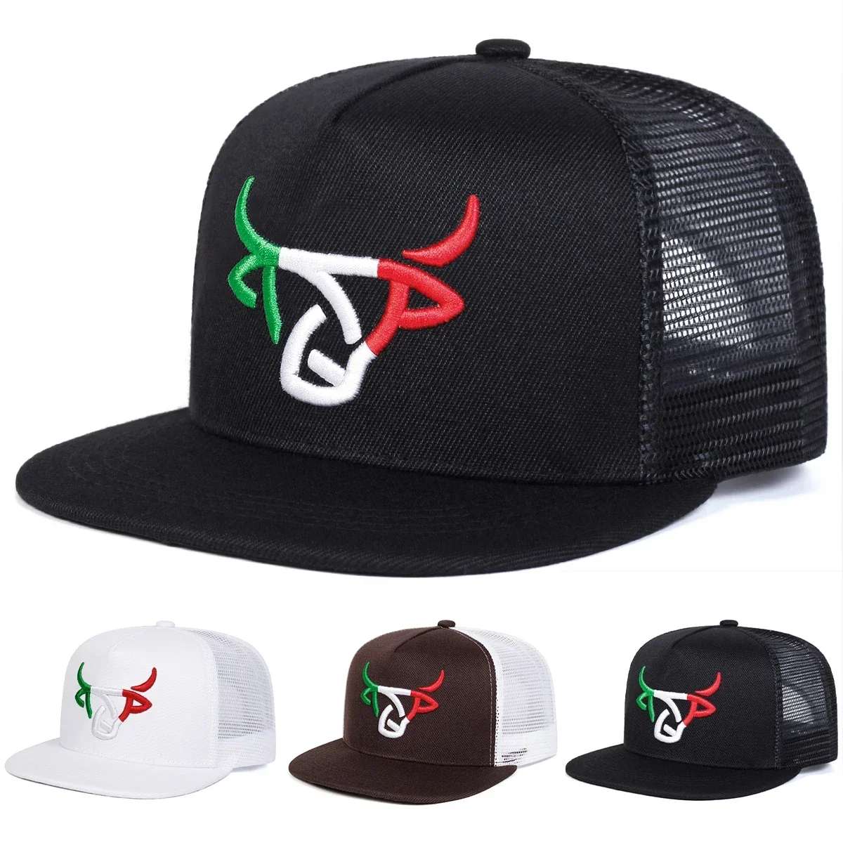 Unisex Hip-Hop-Netzhüte mit Ochsenkopf-Stickerei, für Frühling und Sommer, für den Außenbereich, verstellbar, lässige Baseballkappen, Sonnenschutzhut, Sportkappe