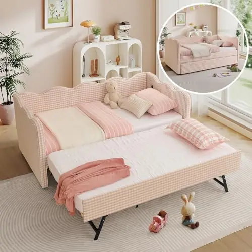 Twin Size Daybed with Pop Up Trundle, Twin to King Gingham Daybed with USB, Upholstery Adorable Wave Shaped Linen Sofa
