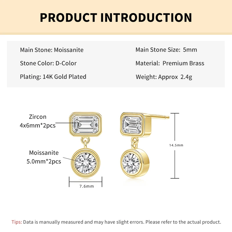 Rrjzz 5 mm runder Moissanit-Ohrring mit 4 x 6 mm Smaragdschliff, kubischer Zirkonia, Verlobungs-Ohrstecker für Frauen, baumelnde Ohrringe, Schmuck, Geschenke – Detail 1