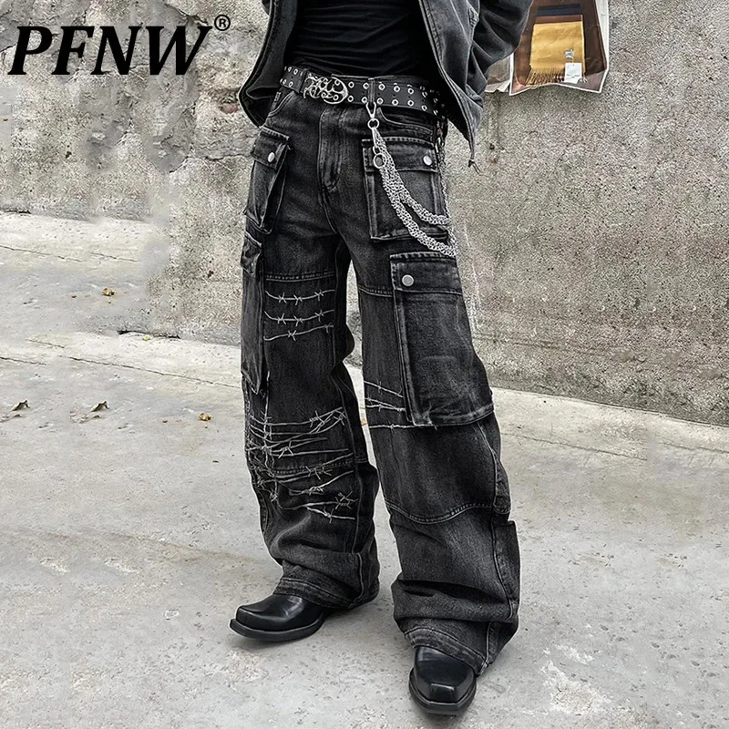 PFNW Dark Style Men's Jeans Embroidery Big Pockets Straight Wide Leg Personality Autumn Male Denim Pants New Stylish 12C756