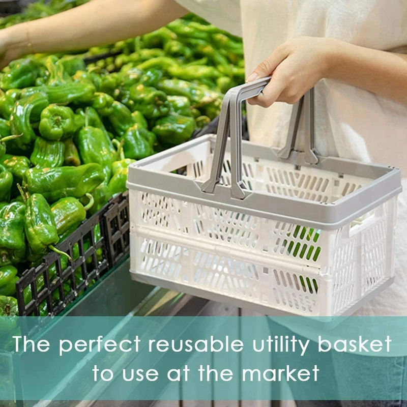 Caixas de armazenamento dobráveis de plástico de 2 pces com alças, cestas de compras dobráveis empilháveis, caixas organizadoras do recipiente da utilidade