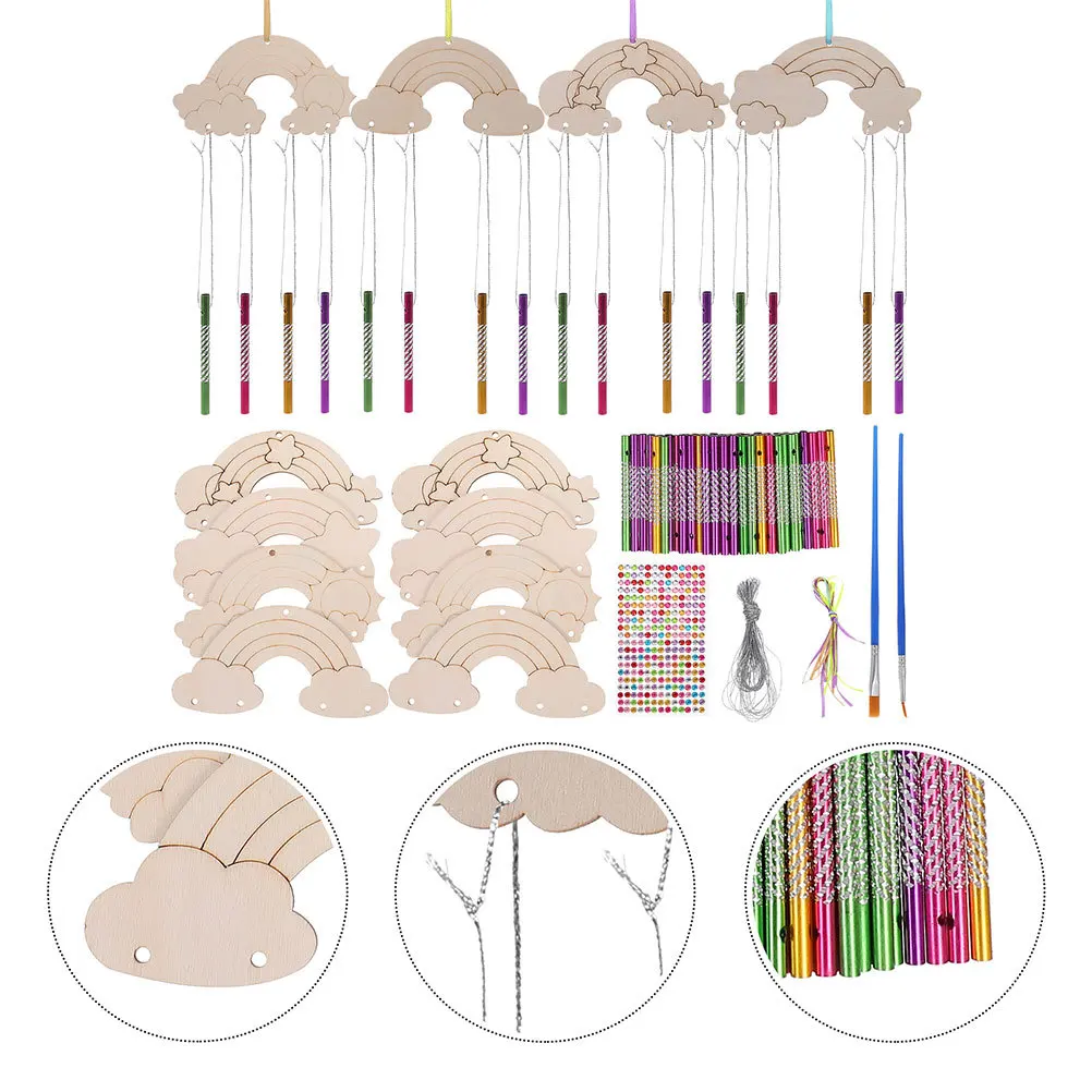 

2Sets Wooden Wind Chimes Cartoon Shape Hanging DIY Decoration Kit Painting Craft Home Garden Balcony Ornament Wind Chime Kit