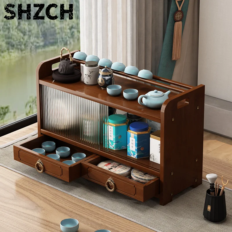 Desktop Tea Set Display Rack Small Cup Holder Storage Shelf Compact Tea Cabinet Bamboo Storage Cabinet with Acrylic Door