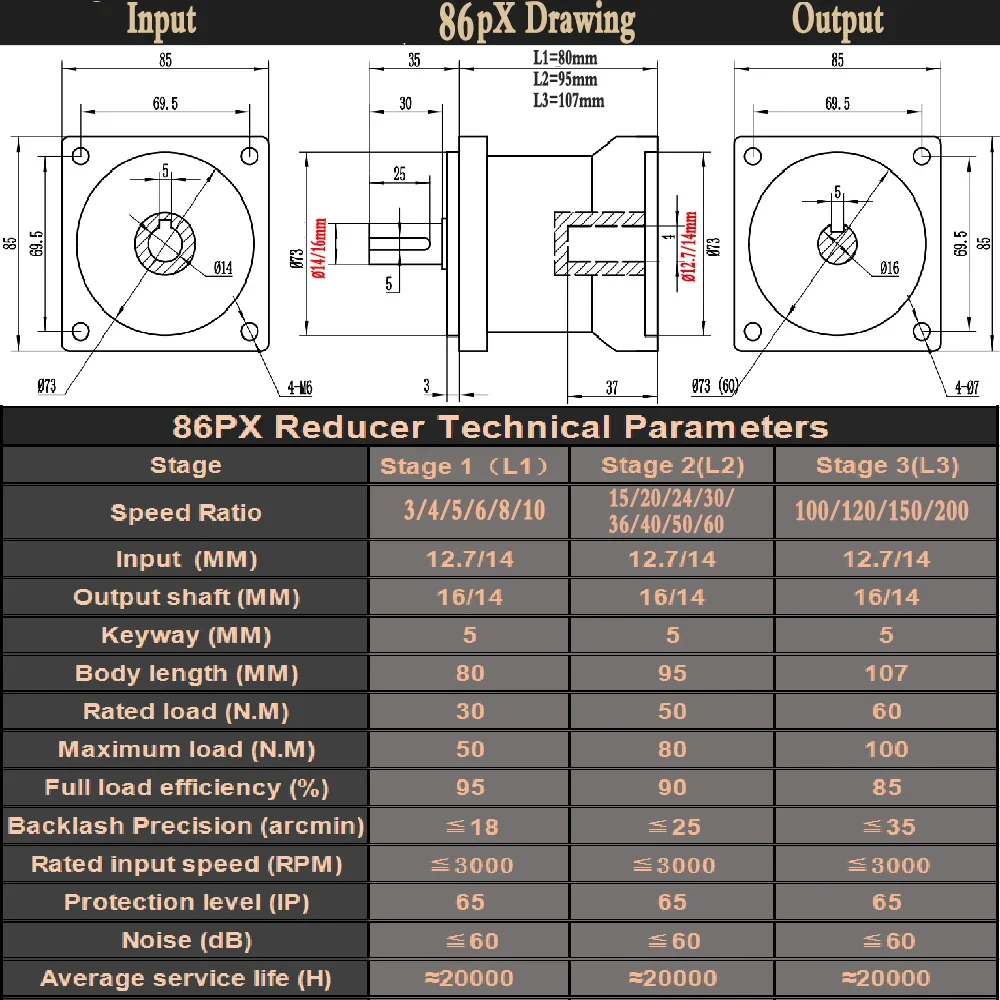 Imagem -06 - Nema 34 Planetary Gear Stepper Motor Reducer Stepper Motor Reducer 86 mm Velocidade Ratio 3:15:110:1216 Input 12.7 14 mm Cnc