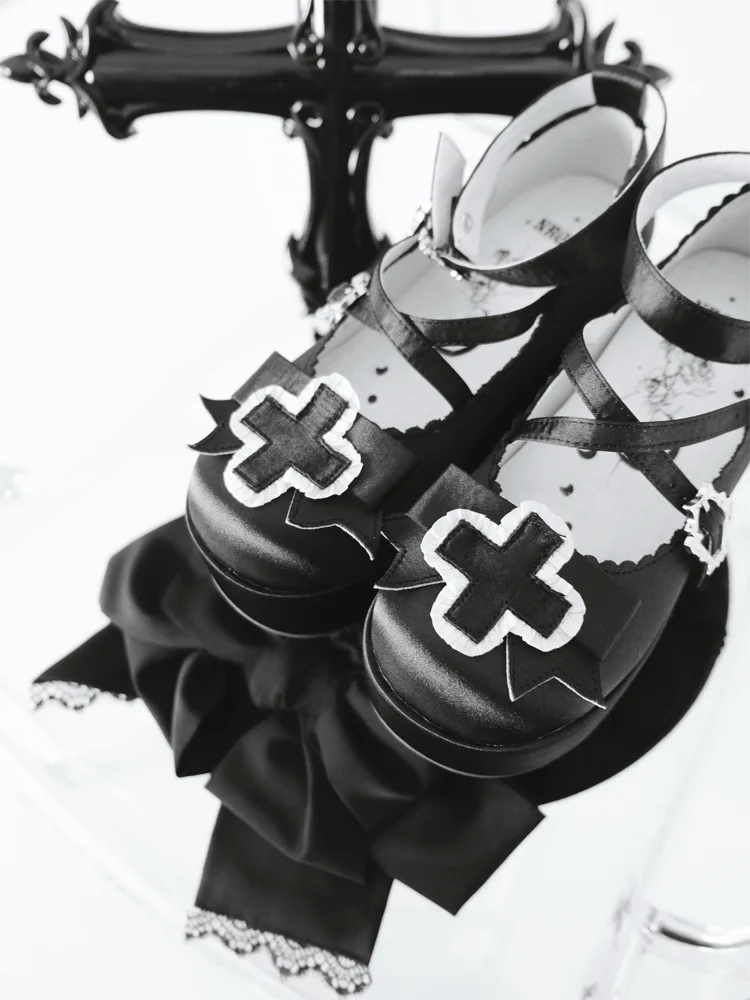 Gothic Lolita Platform Mary Jane Shoes Women Satin Cross Bow Ankle Strap Dark Doll Style Tea Party Cosplay Footwear