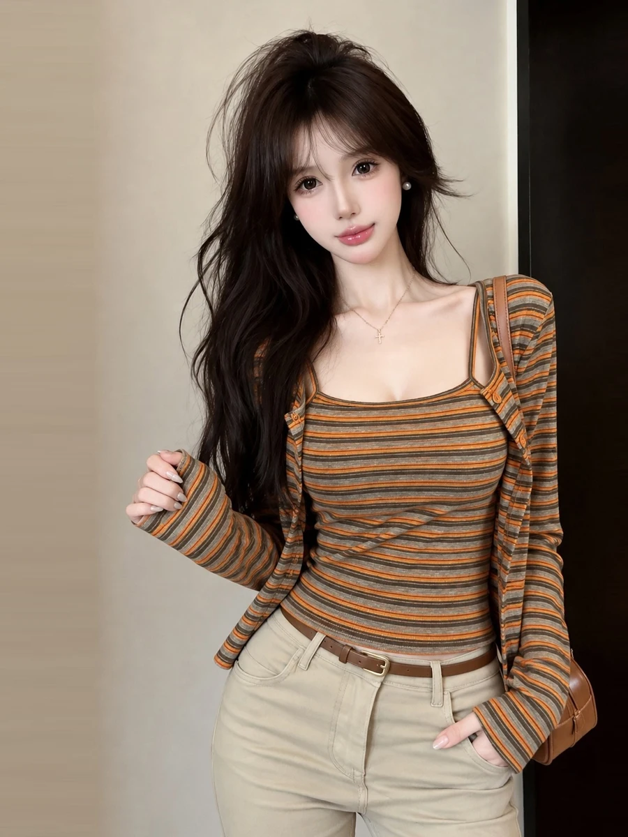Fashionable Retro Striped Color Block Slimming Strap Vest with Chest Pad Long Sleeve Open Cardigan Women's Autumn Two-Piece Set