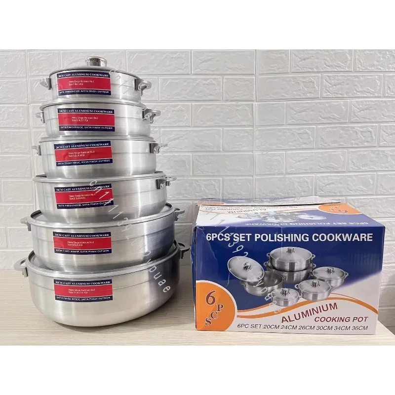 6-Piece Sand Polished Aluminum Cookware Set, 20-36cm Cooking Vessel, Soup Pot for Middle East & African Kitchen
