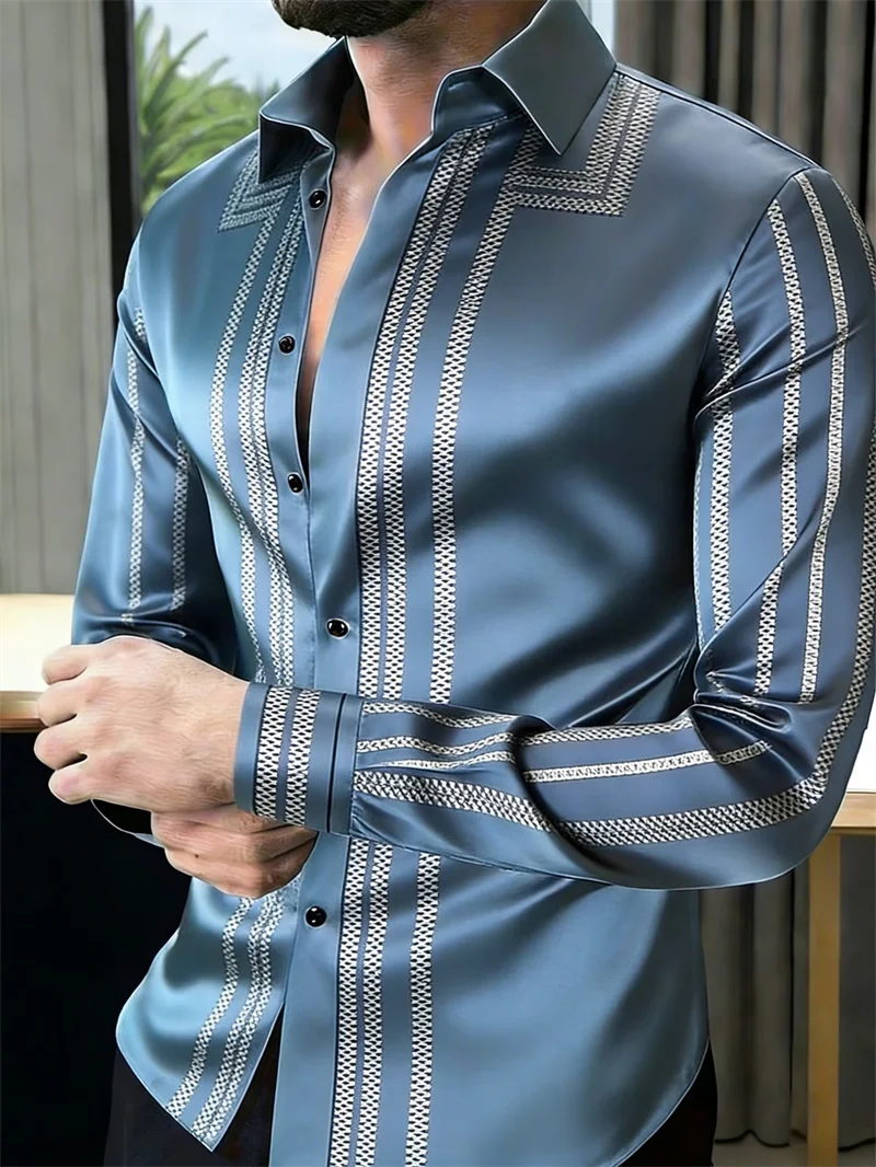 New black satin ethnic style geometric border men's long sleeved shirt retro business casual shirt clothing