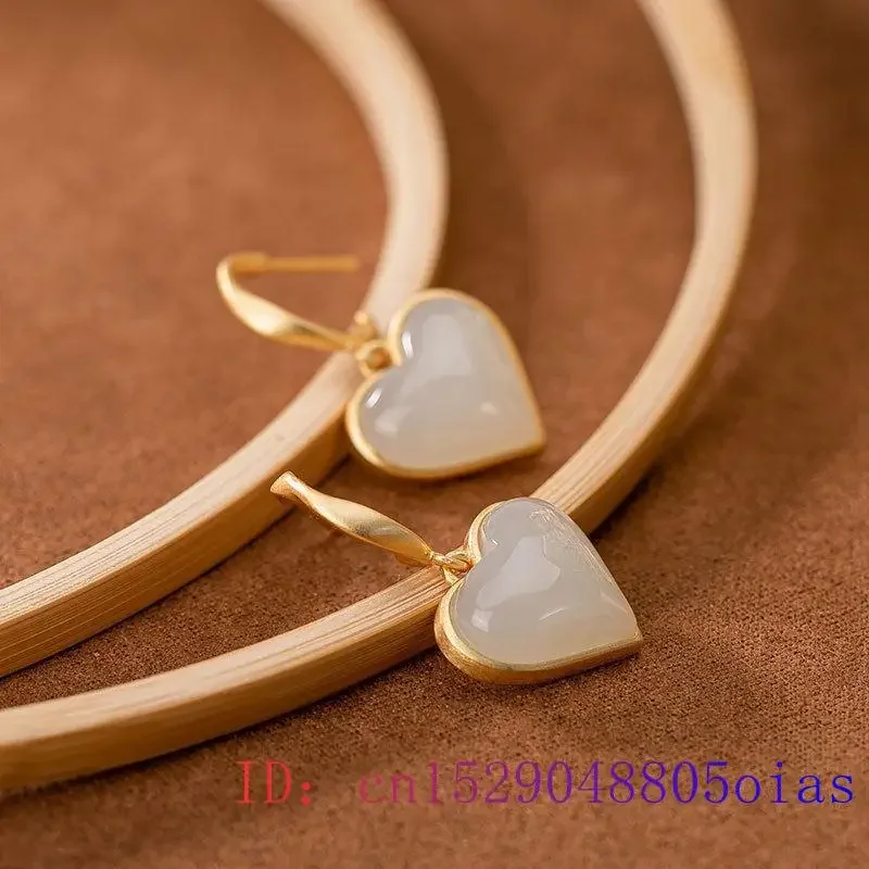 White Jade Heart Ear studs Chalcedony Charm Zircon Earrings Women Gifts Natural Crystal Lucky Amulet Gemstone Jewelry