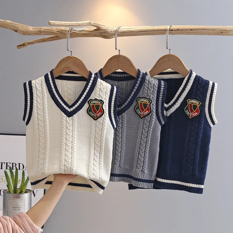 

Sweater Vest Boys Trendy V-neck Sleeveless Knitted Sweaters Vests Stripe Preppy-style Chic Loose Casual Children Clothes IY06031
