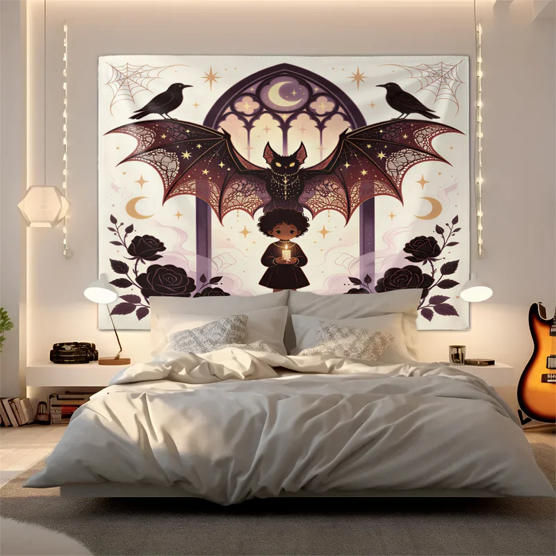 Gothic Halloween Tapestry Vintage Pumpkin Lantern Rose Bat Moon Print Wall Hanging Fashion Backdrop Home Wall Decor Holiday Gift