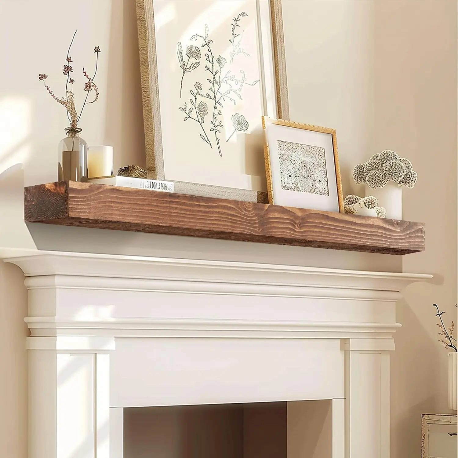 Fireplace Mantel 54'' Solid Wood Floating Shelf, 3'' Thick, Brown | Handcrafted Rustic Finish, Concealed Brackets, Scratch-Resis