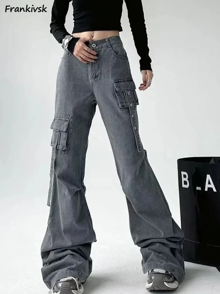 Cargo Jeans Women American Retro Multi Pockets Washed Denim Trousers Autumn High Street Hip Hop Prevalent Mopping Schoolgirls