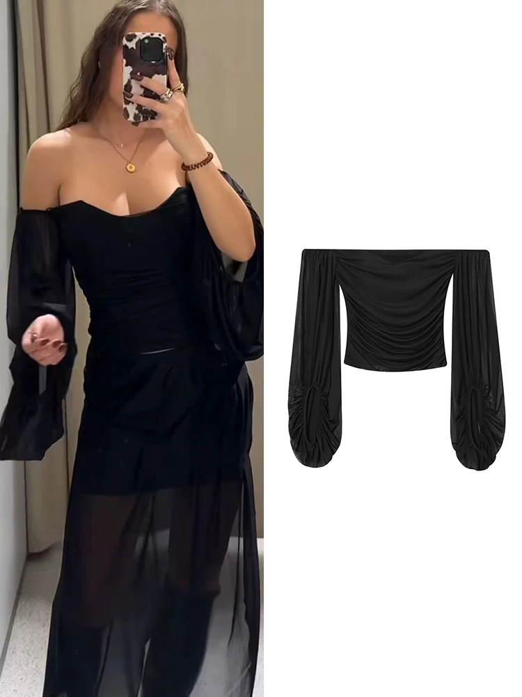 TFMLN Top con scollo a barchetta per donna Manica a sbuffo trasparente sottile sexy Elegante camicetta a maniche lunghe con spalle scoperte Abiti da festa chic femminili