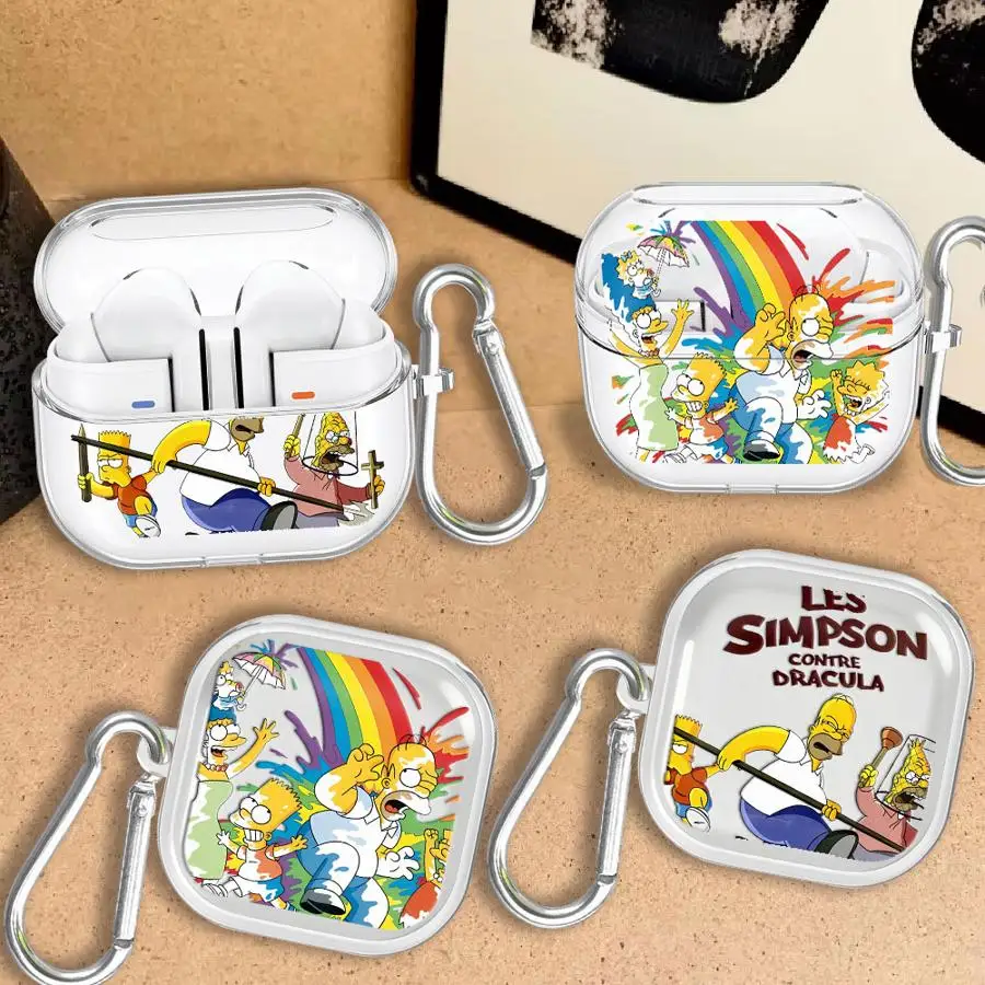 Clear Earphone Cases Cover With Hook Case For Samsung Galaxy Buds 4 Pro 2Pro 3Pro 2 4Pro Live 3 FE The Simpsons Rainbow Homer
