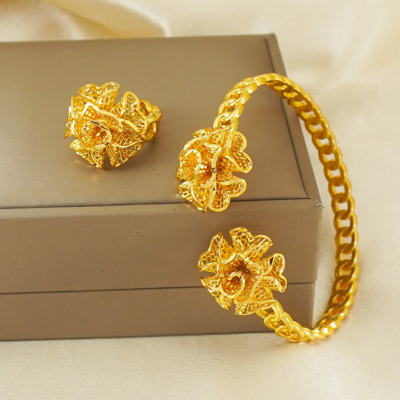 9999 Gold Middle Eastern Women's Luxury Wedding Bracelet Ring Set with Flowers - Wedding Bride Gift - Jewelry Set