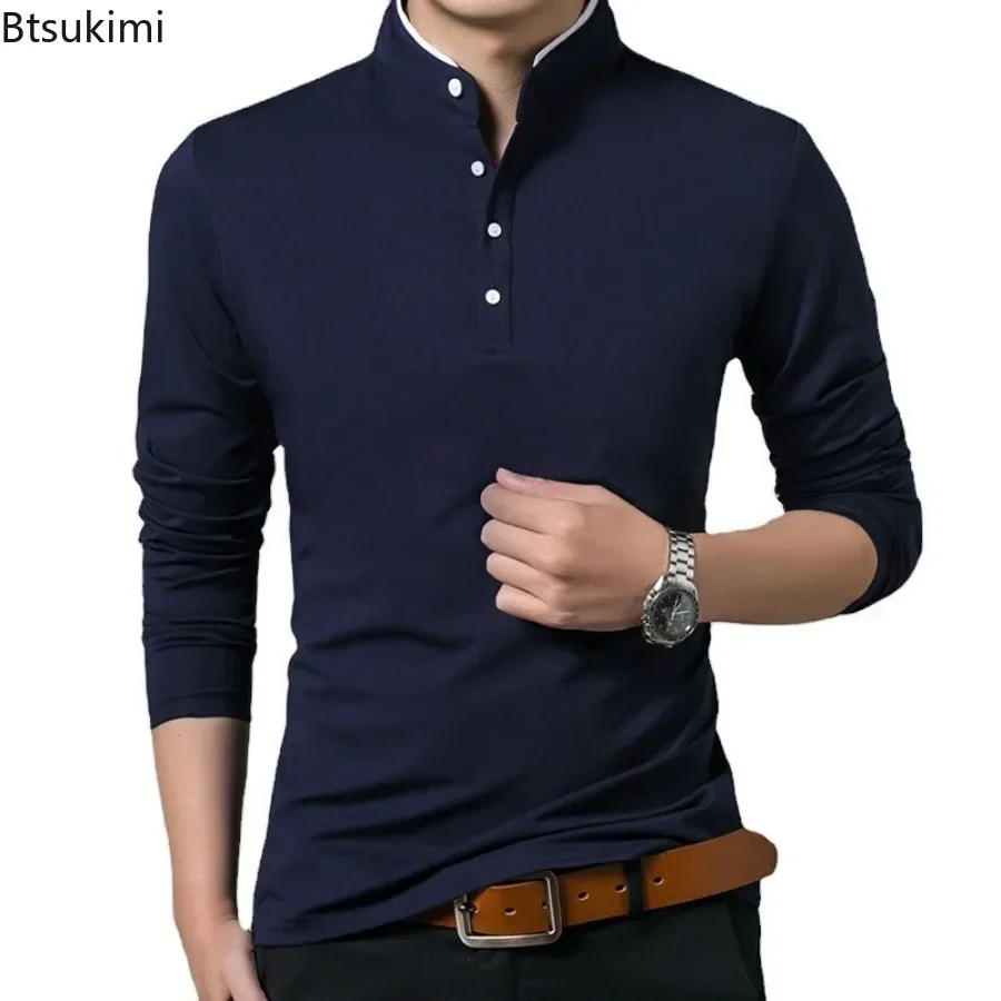 New 2025 Men's Casual Long Sleeve T-shirts Fashion Stand Collar Polo Shirt Men Business Social Solid Slim Tops Cotton Sport Tees - Image 5