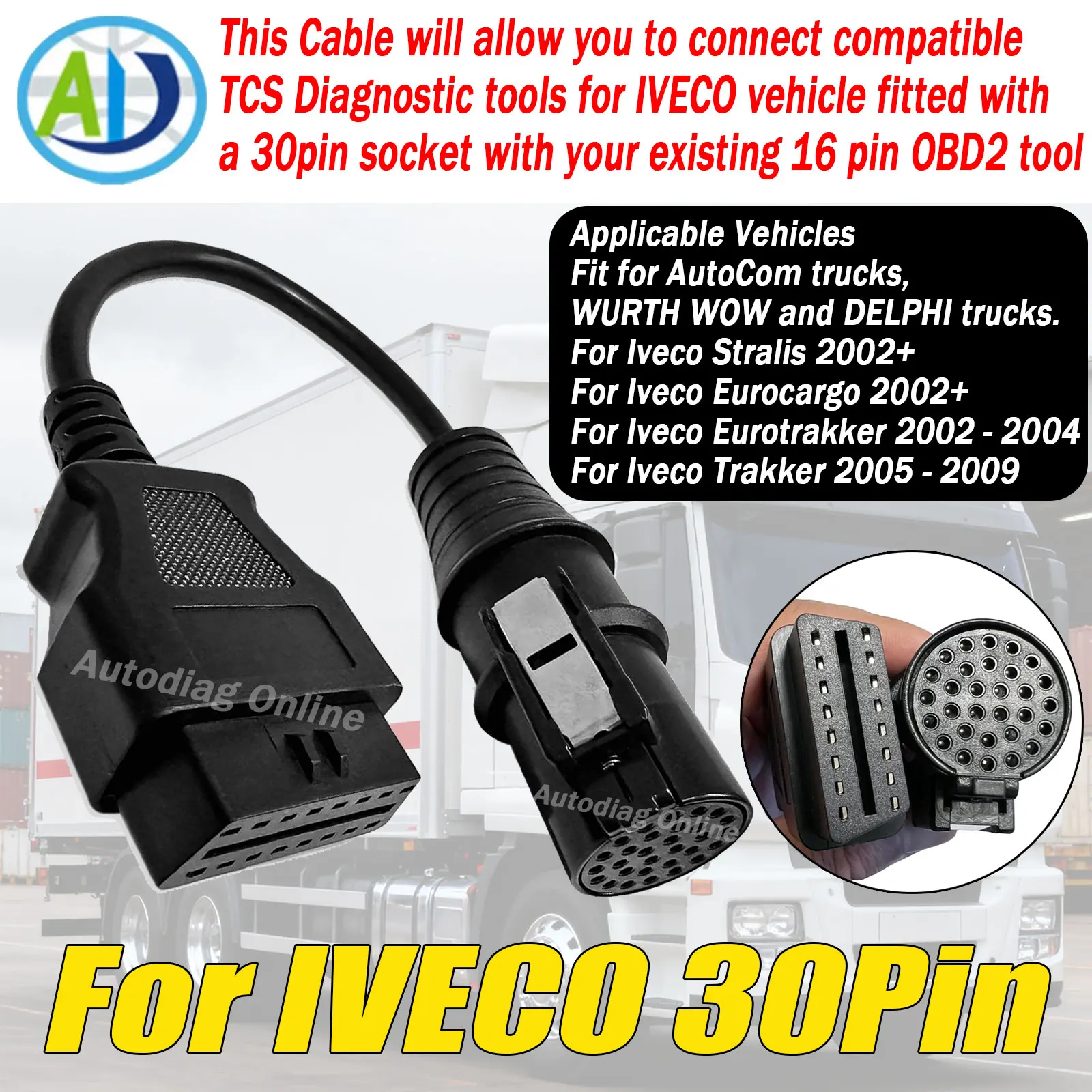 For Truck OBD2 Cable 30Pin OBD2 Diagnostic Cable For IVECO 30Pin To 16Pin for IVECO Diesel Car OBD2 Diagnostic Connector Cable