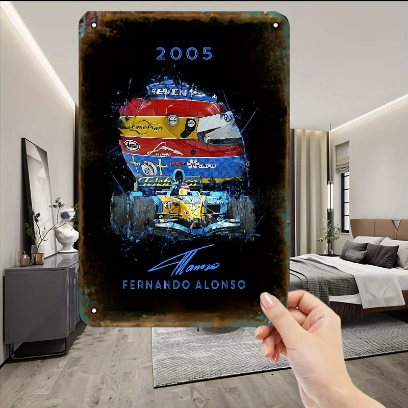 metal tag Fernando Alonso. 2005 Racing Helmet and Car Art Print for Fans Decor Multi-Purpose Decorative Plaque Walls Doors