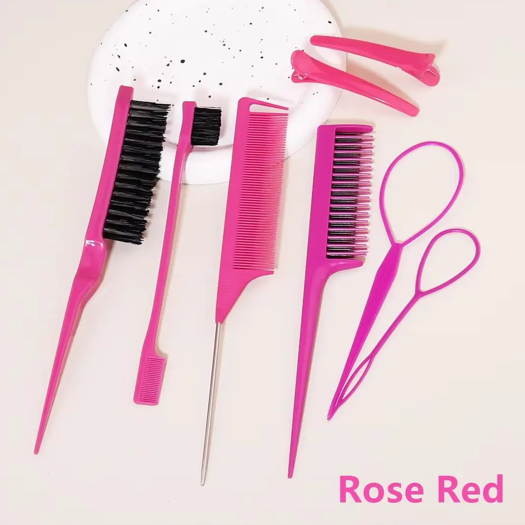8pcs Hair Styling Comb Set - Rake Combs, Rat-Tail Combs, Edge Brushes, Braiding Tools Duckbill Clips, Special for Real Hair Wigs