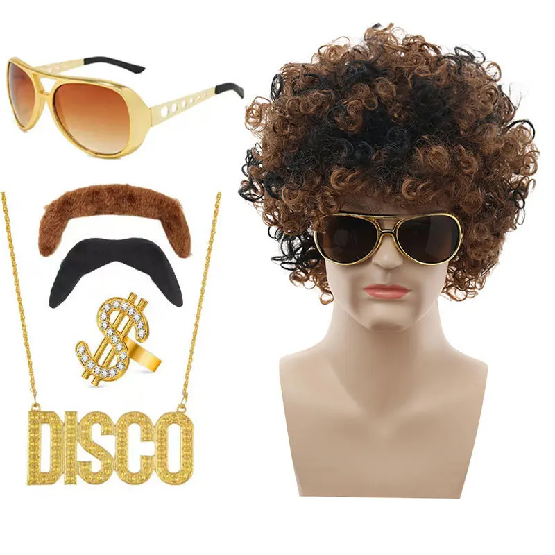 

Synthetic African Brown Wig Disco Wig Cosplay Costume Set Men and Women Daily Party Clothing Accessories Stage Performance Props