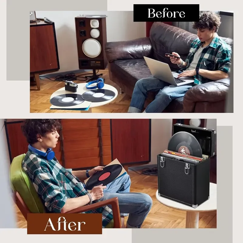 Vinyl Record Storage Box LP Album Collection Display Case Waterproof Shockproof Dustproof Foldable Leather Organizer for Home