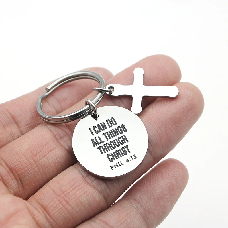 Philippians 4:13 bible verse I can do all things through christ stainless steel cross keychain keyring christian jewelry gift