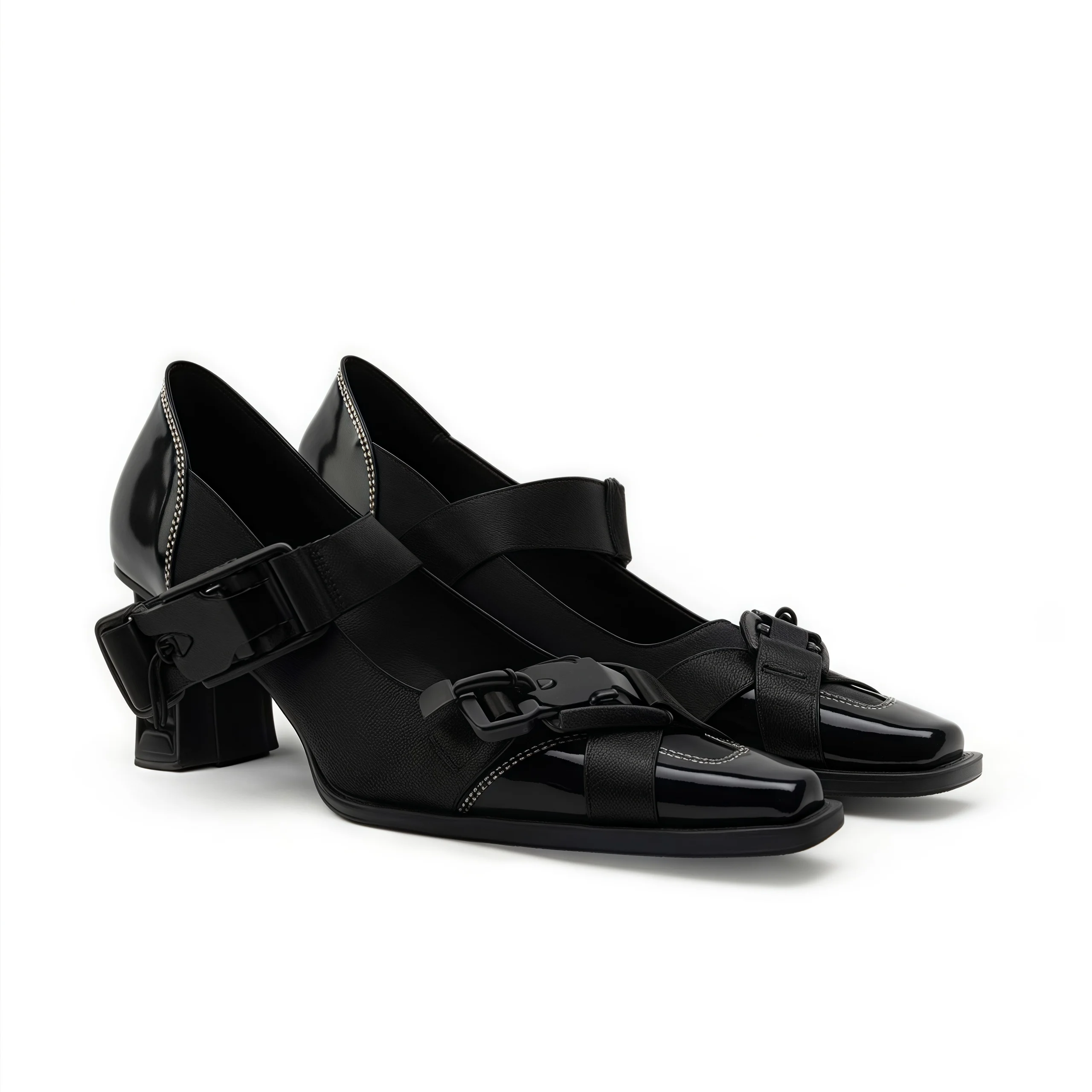 

Retro Black Warrior Functional Square-Toed Mary Jane Shoes One-Strap High-Heeled Pumps Patent Leather Design Niche Women's Shoes