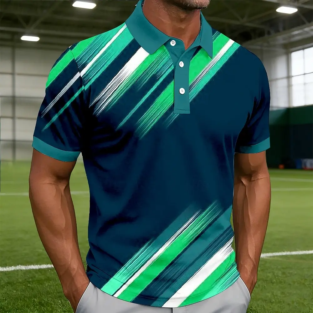 Men's Geometric Line Polo Shirts, Short Sleeve Collared Tops with Button Placket, Casual Style for Spring & Summer Daily Wear